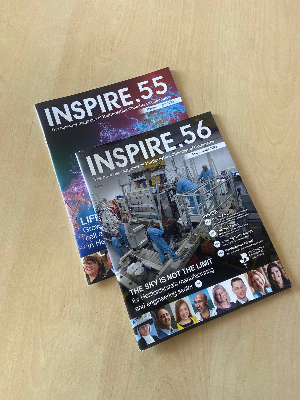 there are two copies of a magazine called Inspire 56, which is the business magazine of Hertfordshire Chamber of Commerce